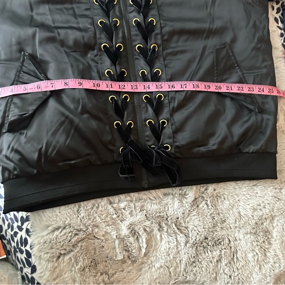 Lane Bryant Black Satin Bomber Jacket W/Velvet Lace Up Front Detail Size 18/20 - Picture 14 of 15
